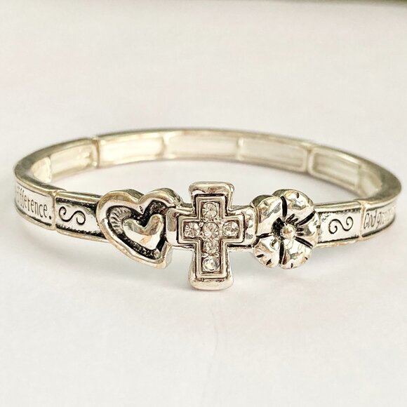 Vintage Serenity Prayer Cross Bracelet Stretch Silver Plated Crystal AA NA 7.25" - Picture 5 of 10